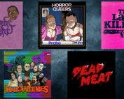 thumbnails for dead meat podcast, knight light podcast, horror queers, halloweenies, the lady killers podcast