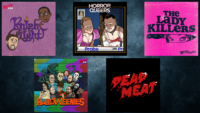 thumbnails for dead meat podcast, knight light podcast, horror queers, halloweenies, the lady killers podcast