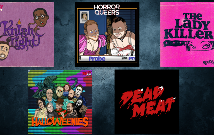 thumbnails for dead meat podcast, knight light podcast, horror queers, halloweenies, the lady killers podcast