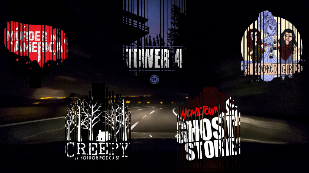 Empty highway at night with the logos for various podcasts overlayed