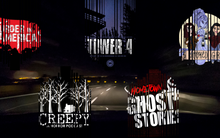 Empty highway at night with the logos for various podcasts overlayed