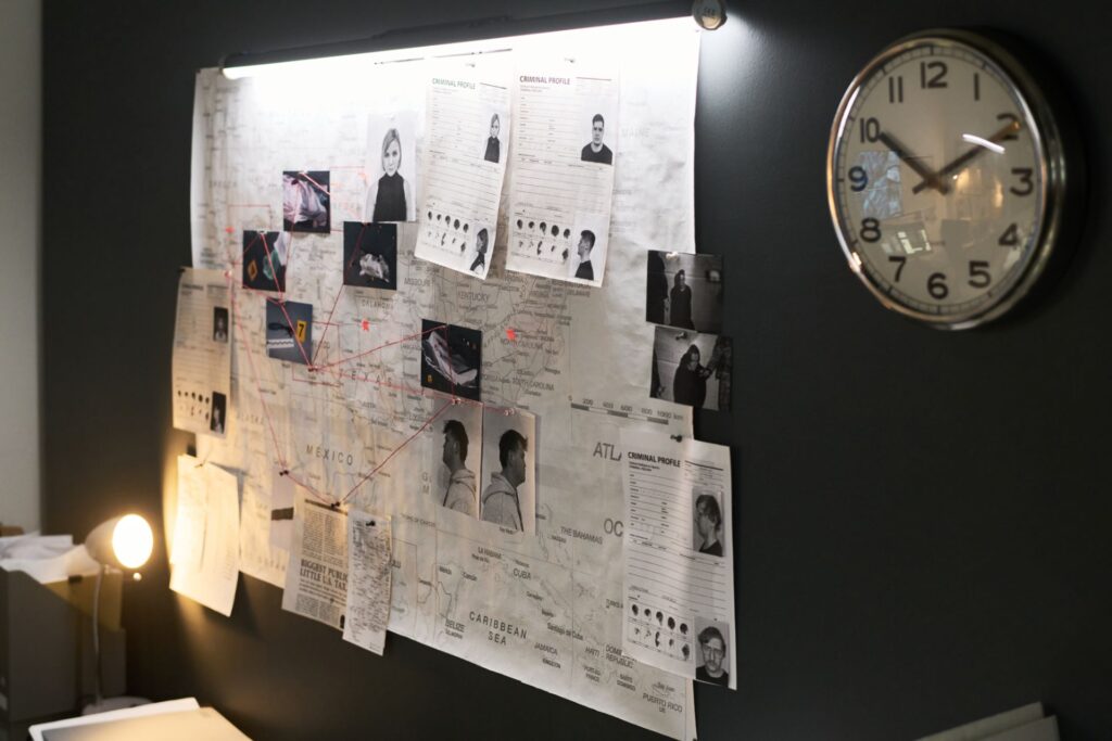True crime podcast image of crime scene wall board.